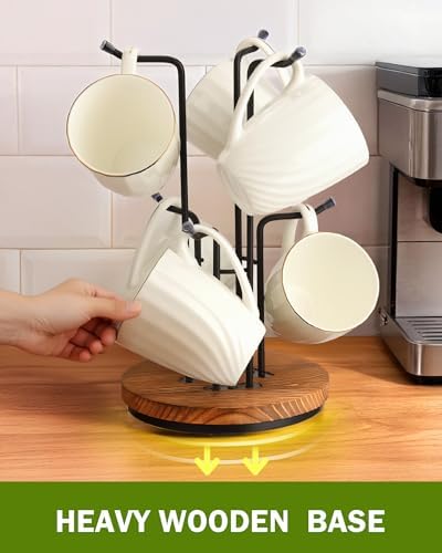 Rotating Large Mug Tree for Counter, Coffee Mug Holder, 6 Hooks