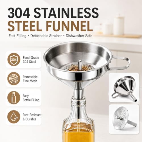 304 Stainless Steel Funnel with Filter Mesh 4.1-5.9" Kitchen Funnel