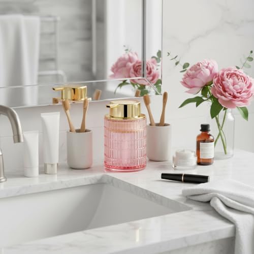 Foaming Soap Dispenser, Pink Glass Foam Soap Dispenser for Bathroom