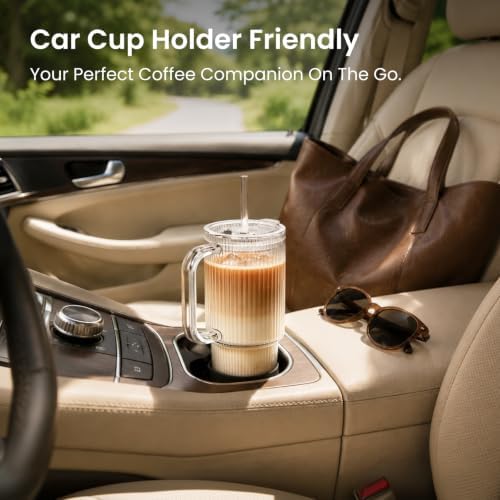 INSETLAN 24 oz Ribbed Glass Tumbler with Handle, Set of 2 Iced Coffee