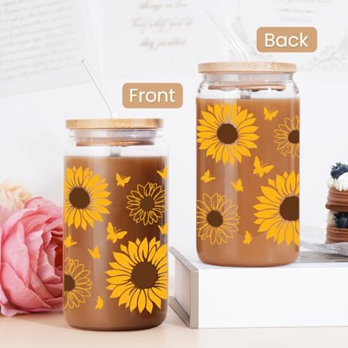 SANDJEST Sunflower Gifts for Women - Sunflower Cup 16 Oz Can Glass