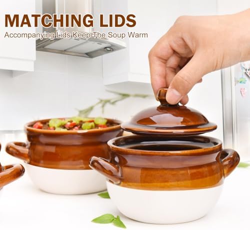 Vumdua French Onion Soup Bowls with Lids and Handles, 16 oz Ceramic