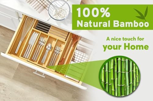 Expandable Bamboo Silverware Organizer, Adjustable Drawer Organizer