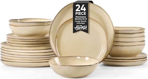 Herogo Dinnerware Sets for 8, 24pcs Stoneware Dinner Dish Set, Irregular Handmade Plates and Bowls Dishware, Microwave & Dishwasher Safe, Cream Khaki