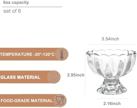 Iced Cream Dessert Bowl,Set of 6,6oz Vintage Glass ware with Heavy