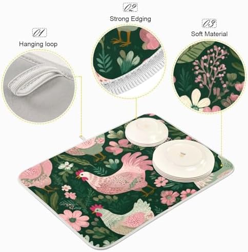 OTVEE Charming Hen Flower Decor Dish Drying Mat for Kitchen Counter
