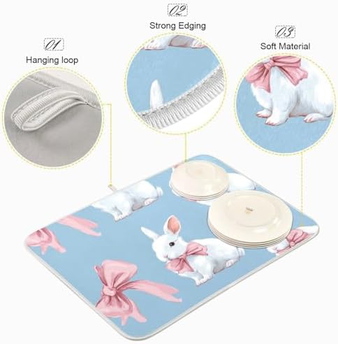 OTVEE White Rabbit Art Dish Drying Mat for Kitchen Counter Absorbent
