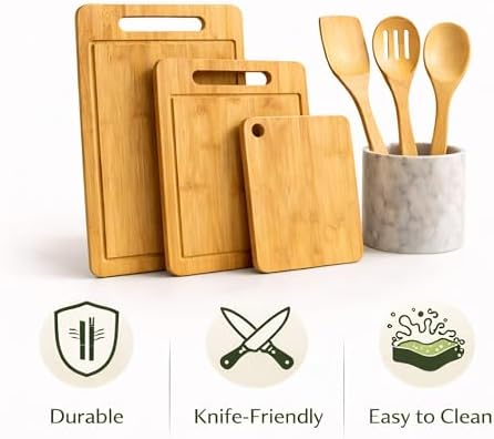 Bamboo Cutting Board Set, 3 Boards + 3 Kitchen Utensils