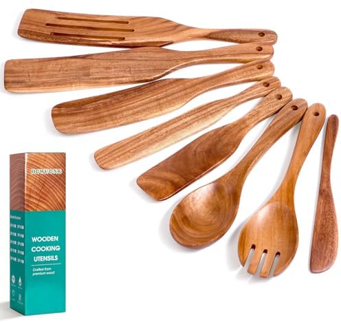 HOWHONG 8 Pcs Acacia Wood Spurtle Set, Nonstick Cooking Utensils