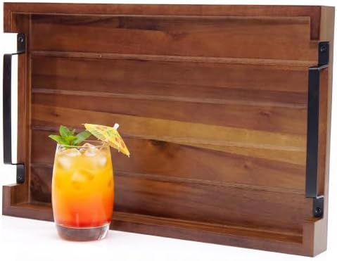 17" x 11" x 2" Acacia Wood Serving Tray with Black Iron Handle