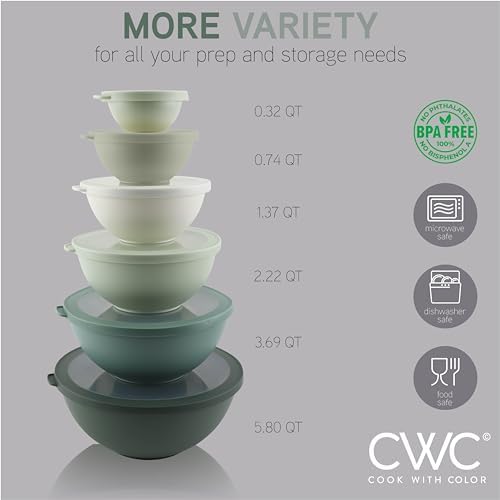 COOK WITH COLOR Mixing Bowls with TPR Lids - 12 Piece Plastic Nesting