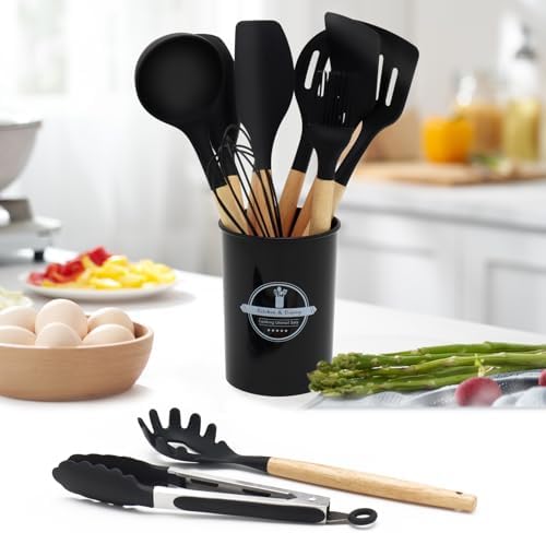 12-Piece Silicone Kitchen Utensils Set with Wooden Handle, Non-Stick &