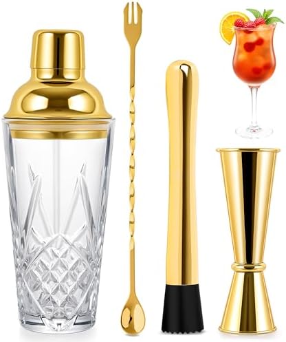 Glass Cocktail Shaker Set with Gold Lid for Home Bar & Cocktails