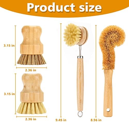 SAMEBUTECO Bamboo Dish Brush Set, 4 Tools, Natural Bristles