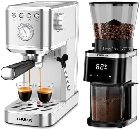 CHULUX Espresso Machine with Conical Burr Grinder, Silver