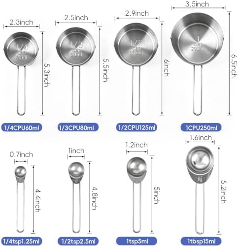Measuring Cups and Spoons Set 8PCS Silver Stainless Steel