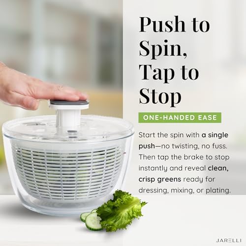 Glass Salad Spinner with Storage Lid, 6 Quart Borosilicate Glass Bowl, Push Button Drying Lid, BPA-Free Draining Basket Doubles as Serving Bowl & Colander, Lettuce, Vegetable, & Fruit Washer