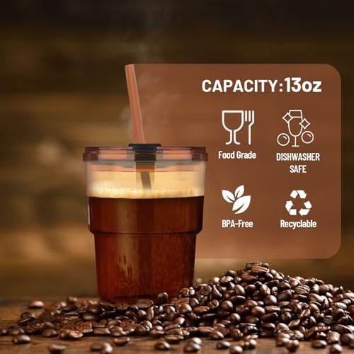 Luxfuel 13 oz Glass Cups with Lids and Straws Reusable Iced Coffee