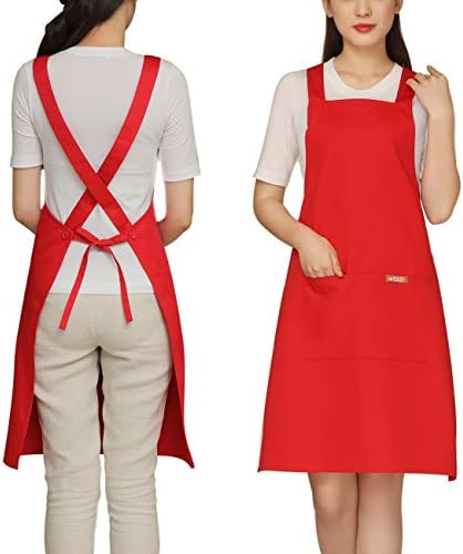 NEWGEM 100% Cotton Cross Back Apron for Women with 2 Pockets