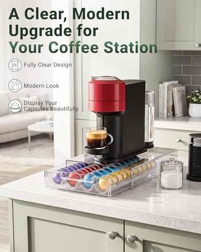 EVERIE Coffee Pod Holder Drawer Compatible with Nespresso VertuoLine Capsules, Clear PC Coffee Pod Organizer for Countertop, Flexible Slot Capsule Storage Drawer for 1.35 oz to 7.77 oz Pods