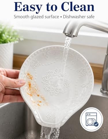 Ceramic Spoon Rest for Kitchen Counter, 5.7" Floral Butterfly Embossed