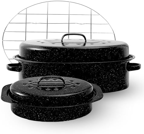 Enamel Roaster Pan With Lid and Rack Set 13"19"Granite Roasting Pans