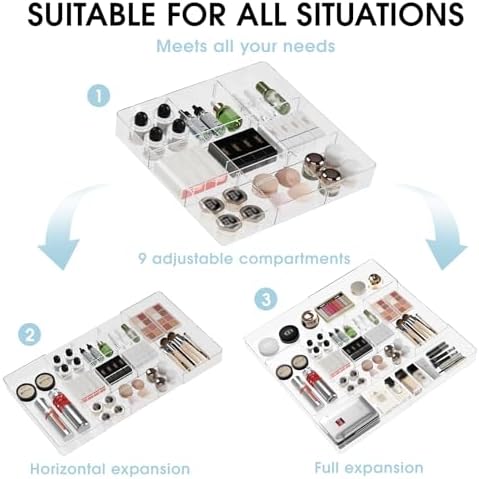 Expandable Makeup Drawer Organizer, Clear Silverware Drawer Organizer