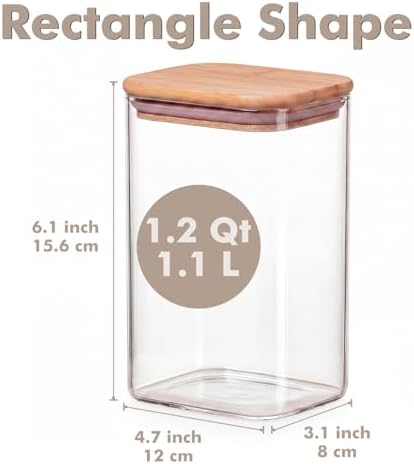 6-Pack 1.2Qt Rectangle Glass Storage Jars with Bamboo Lids
