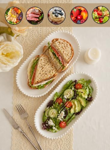 12 Inch White Porcelain Oval Serving Platters, Bead Rim, Set of 6