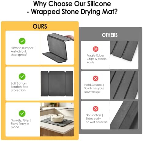 Stone Dish Drying Mat with Silicone Sleeve 19.7" x 15.7", Tri-Fold