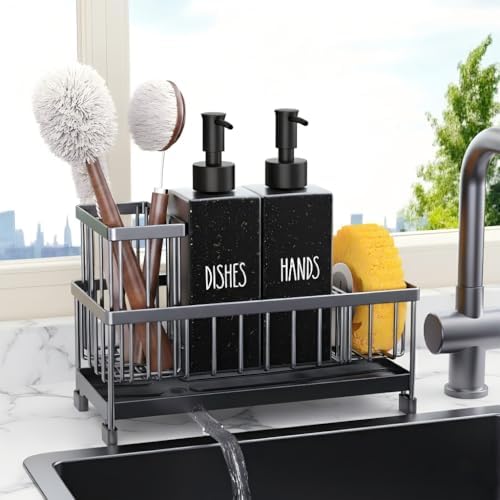 Cisily Kitchen Soap Dispenser Set with Sink Caddy, Black