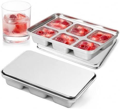 Ice Cube Tray with Lid, 2 Pack 12 Large Cubes, Stainless Steel Ice