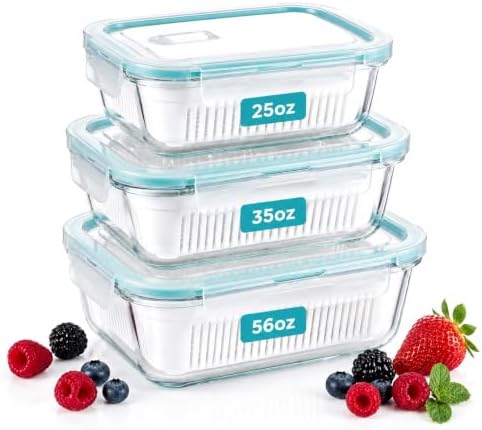 3 Pack Glass Berry Container Set with Removable Colander