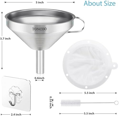 5 Inch Stainless Steel Funnel with Strainer and 200 Fine Mesh Filter