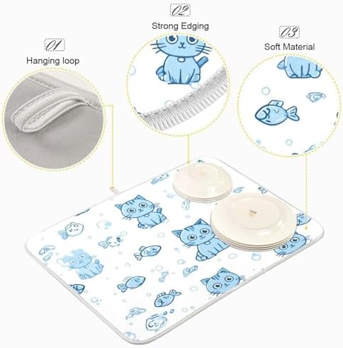 OTVEE Underwater Cat Print Dish Drying Mat for Kitchen Counter