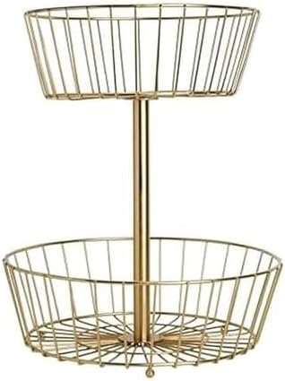 Gourmet Basics by Mikasa Geneva 2-Tier Countertop Fruit Basket Gold-Finish Metal Storage Stand for Kitchen Countertop Organization, Produce Display