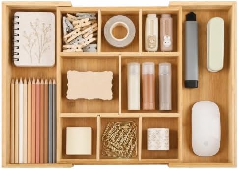 Bamboo Drawer Organizer Expandable Desk Storage Set, 10 Adjustable Compartment Junk Drawer Divider and Trays Containers for Kitchen Utensil, Office Supplies, Makeup, Jewelry & Cosmetics Organization