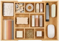 Bamboo Drawer Organizer Expandable Desk Storage Set, 10 Adjustable Compartment Junk Drawer Divider and Trays Containers for Kitchen Utensil, Office Supplies, Makeup, Jewelry & Cosmetics Organization