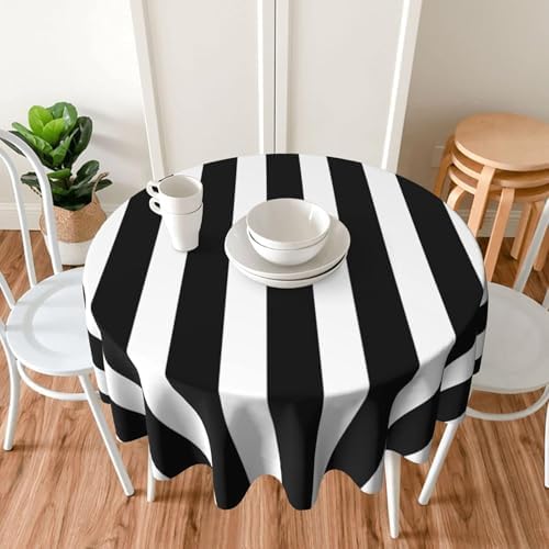 Black White Stripes Round Tablecloth 60 Inch Washable Reusable
