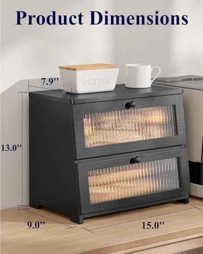 Kitsure Wooden Bread Box for Kitchen Countertop, 2-Tier, Black