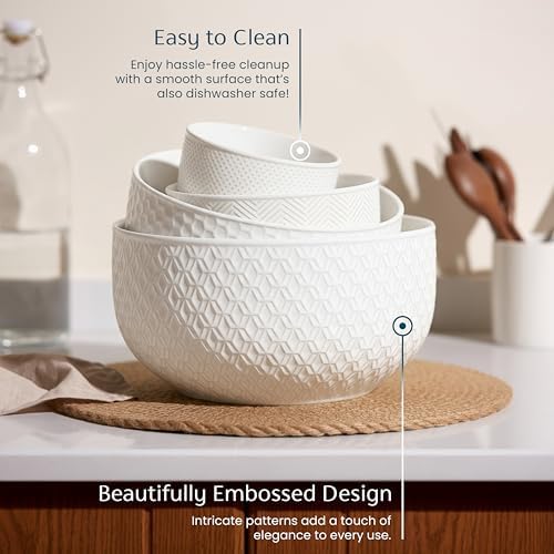 KooK Ceramic Nesting Bowls, Embossed, Oven Safe, Set of 4, Marshmallow