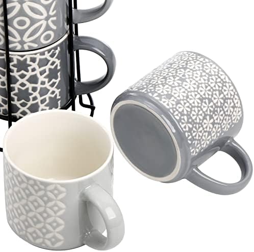 Hiceeden Set of 4 Coffee Mugs with Metal Stand, 15 oz Stackable