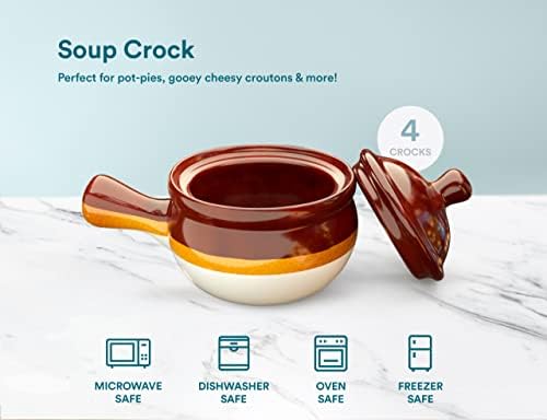 KooK French Onion Soup Crocks, Ceramic Bowls with Lids, Large Handles