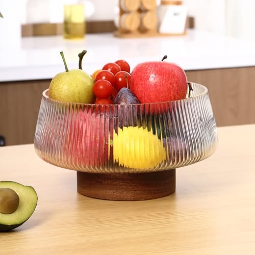 Extra Large Salad Bowl Set with Wood Base, Ribbed Glass Salad Bowl