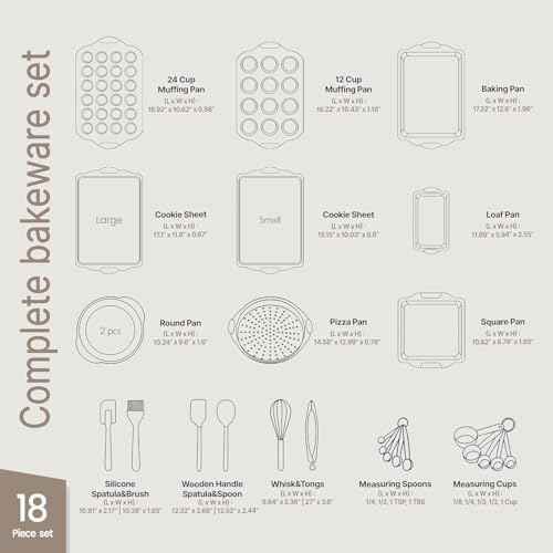 BAKKEN Kitchen Baking Pan Set - Nonstick Coating, Carbon Steel Bakeware Sets with Blue Silicone Handles, Baking Kitchen Essentials, PFOA, PFOS, PTFE Free, Oven Safe Tray (Up To 450° F), Set of 18