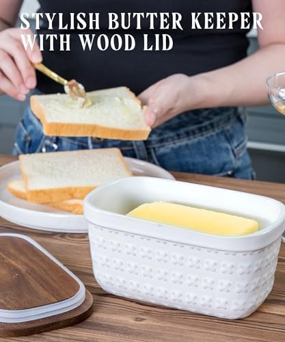 Nucookery Ceramic Butter Dish with Wood Lid for Countertop, Butter