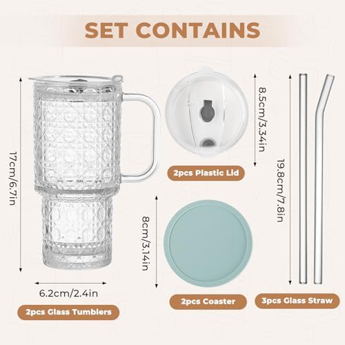 17oz Water Glass Tumbler with Handle & Lid Coasters, Reusable Iced
