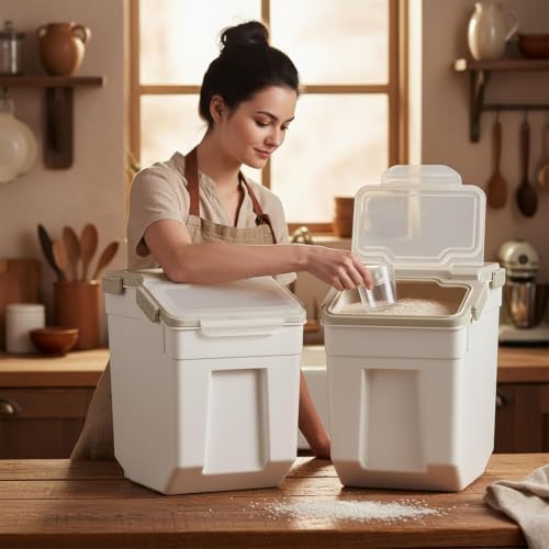 25 Pound Large Food Grade Container for Rice Flour Sugar, Grey, 2pcs