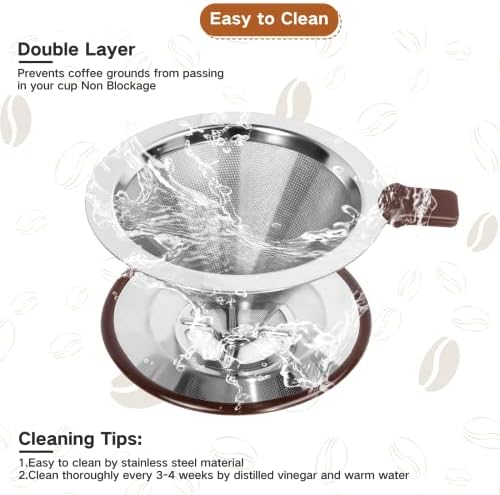 Pour Over Coffee Dripper, Stainless Steel Reusable Cone Filter, 1-2