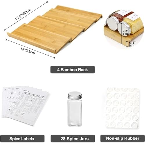 Spice Drawer Organizer with 28 Spice Jars and 216 Labels,Non-slip